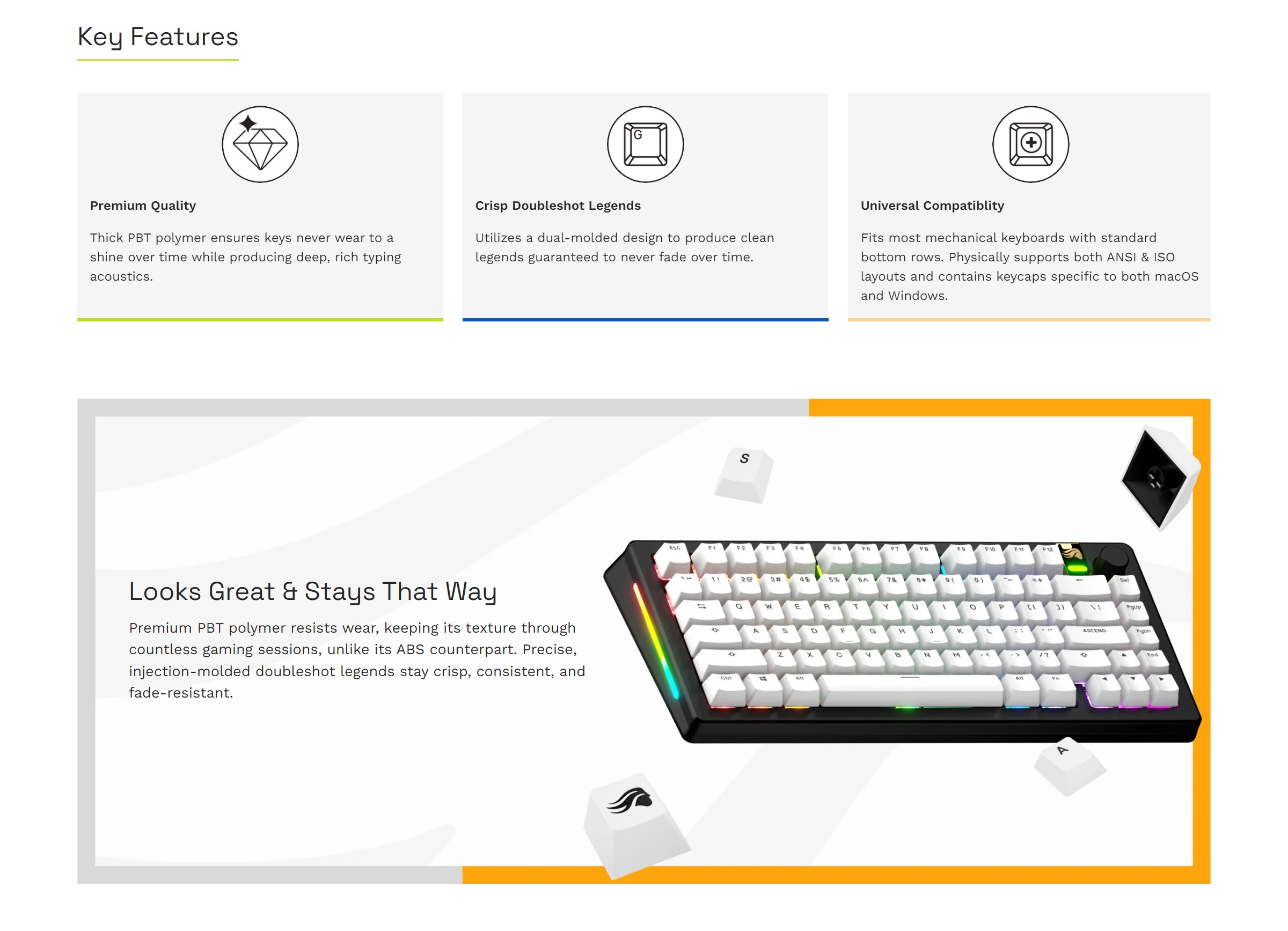 A large marketing image providing additional information about the product Glorious GPBT Basics Keycaps - Classic White - Additional alt info not provided